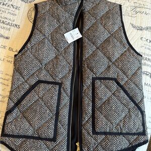 J CREW Puffer Vest Womens Small Black Brown Herringbone Quilted Sleeveless Zip